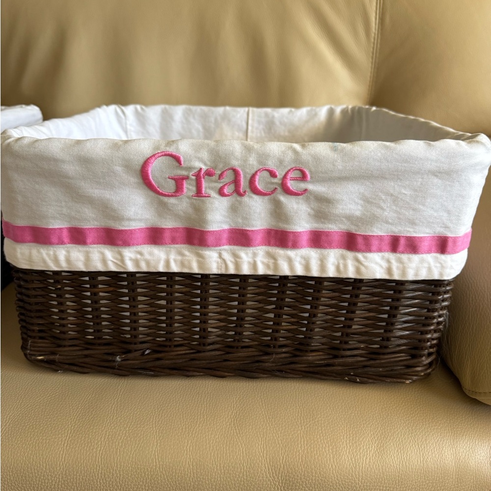 Pottery Barn Kids Woven Sabrina Basket with Pink and white liner. Personalized.
